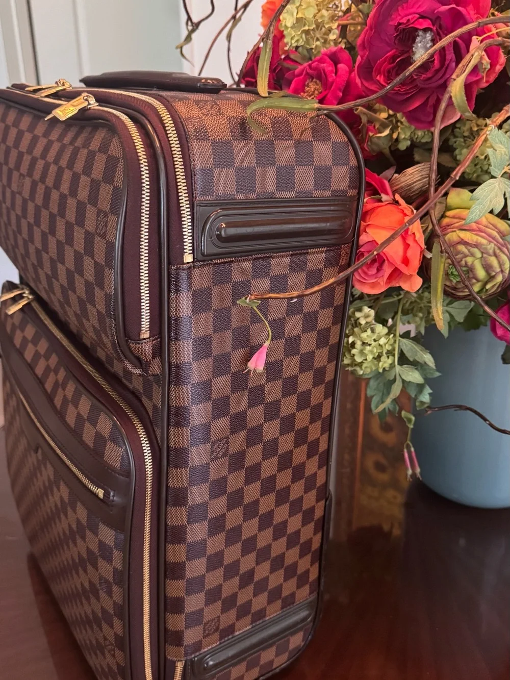 Louis Vuitton Brown Damier Checkered Travel Backpack with Gold Hardware